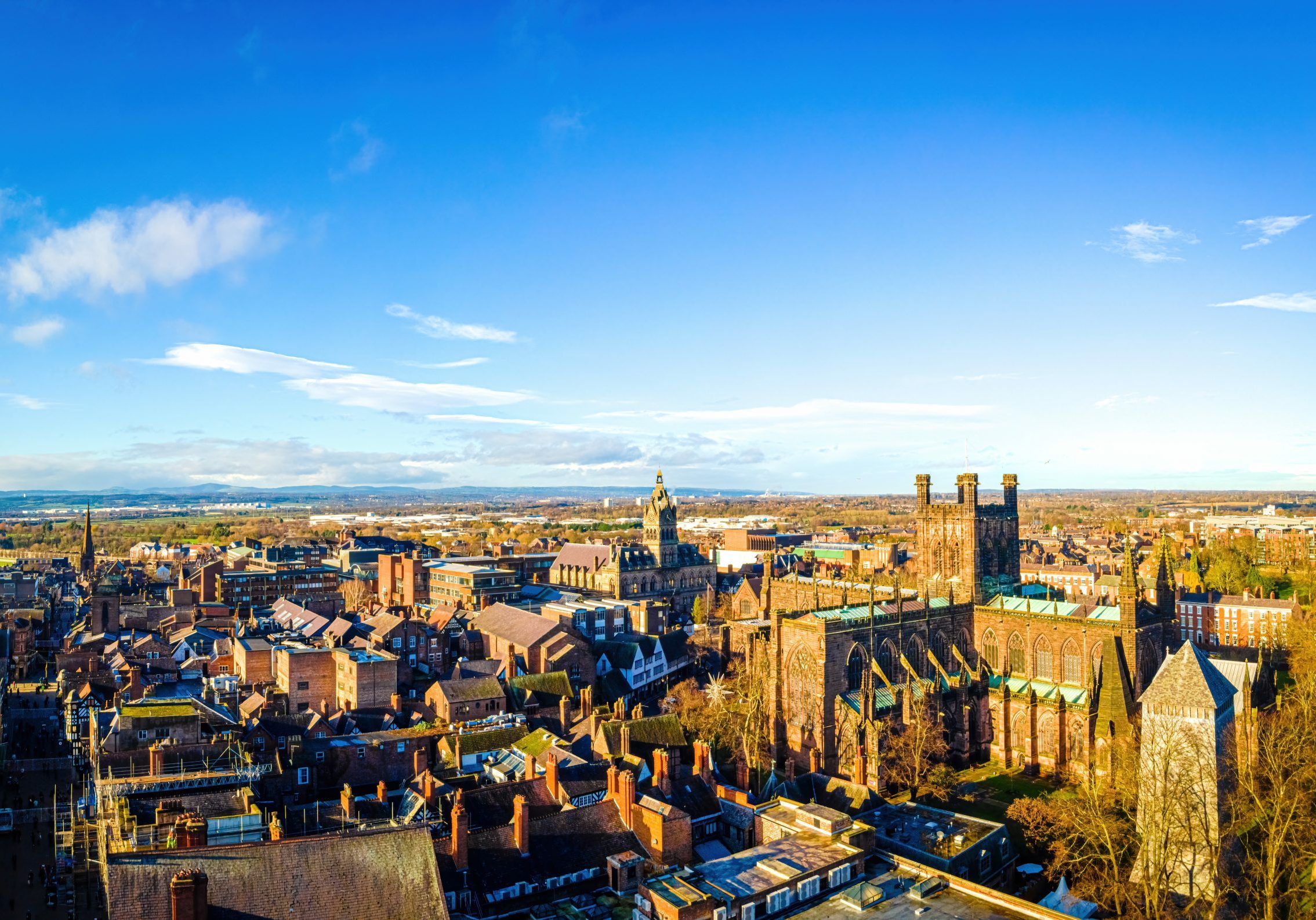 Aerial view of Chester, a city in northwest England,  known for its extensive Roman walls made of local red sandstone, UK